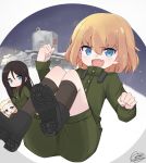  artist_name bangs black_footwear black_hair black_legwear blonde_hair blue_eyes boots chibi circle clara_(girls_und_panzer) clenched_hands commentary doorknoble fang girls_und_panzer green_jumpsuit ground_vehicle highres invisible_chair katyusha kv-2 long_hair long_sleeves looking_at_another looking_at_viewer military military_vehicle motor_vehicle multiple_girls night night_sky nonna open_mouth outdoors outside_border pravda_military_uniform pravda_school_uniform short_hair short_jumpsuit signature sitting sky smile snow socks standing swept_bangs tank v-shaped_eyebrows 