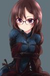  1girl akuta_hinako arm_under_breasts asymmetrical_bangs bangs black-framed_eyewear black_dress black_gloves blue_sweater blush braid breast_hold breasts brown_hair consort_yu_(fate) dress elbow_gloves fate/grand_order fate_(series) glasses gloves highres large_breasts long_braid long_hair looking_at_viewer nanaume_(shichimi_tougarashi) purple_eyes ribbed_sweater simple_background single_braid sitting solo strapless strapless_dress sweatdrop sweater sweater_dress very_long_hair 