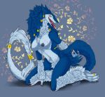  anthro bedroom_eyes blue_fur blush braided_hair breasts chest_tuft claws ear_piercing ears_back facial_piercing fangs female flower forked_tongue fur hair half-closed_eyes jewelry kneeling lip_piercing looking_at_viewer mane nipples open_mouth piercing plant ring seductive sergal silentdeathfootsteps solo toe_ring tongue tongue_out tuft 