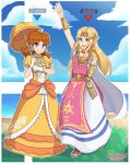  blonde_hair blue_eyes brown_hair crown dress earrings flipped_hair flower_earrings highres jewelry long_hair mario_(series) multiple_girls pointy_ears princess_daisy princess_zelda sarukaiwolf super_mario_bros. super_smash_bros. super_smash_bros._ultimate the_legend_of_zelda the_legend_of_zelda:_a_link_between_worlds triforce yellow_dress 