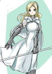  blonde_hair blue_eyes dress gloves jewelry long_hair looking_at_viewer octopath_traveler ophilia_(octopath_traveler) simple_background smile solo staff yukara-msma 