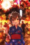  :d aerial_fireworks bangs blue_kimono blurry blurry_background blush brown_eyes brown_hair candy_apple commentary_request depth_of_field eyebrows_visible_through_hair fireworks flower food hair_between_eyes hair_bun hair_flower hair_ornament head_tilt holding holding_food ichihaya japanese_clothes kimono long_sleeves obi open_mouth original print_kimono red_flower sash smile solo_focus standing wide_sleeves 