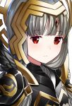  armor bangs black_armor closed_mouth commentary_request crown feather_trim fire_emblem fire_emblem_heroes forehead_jewel gold_trim grey_hair highres long_hair looking_at_viewer red_eyes ringozaka_mariko shoulder_armor simple_background solo veronica_(fire_emblem) white_background 