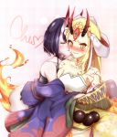  bare_shoulders black_hair blonde_hair blush cheek_kiss commentary_request fate/grand_order fate_(series) highres ibaraki_douji_(fate/grand_order) kiss long_hair mach_iota multiple_girls oni_horns pixiv_fate/grand_order_contest_2 short_hair shuten_douji_(fate/grand_order) sweat tattoo yellow_eyes yuri 