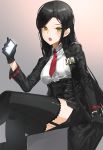  bad_id bad_twitter_id black_gloves black_hair black_jacket black_legwear blush breasts cellphone collared_shirt copyright_request crossed_legs garter_straps gloves grey_background hand_up holding holding_cellphone holding_phone jacket kfr large_breasts long_hair looking_at_viewer name_tag necktie open_clothes open_jacket open_mouth phone red_neckwear shirt sitting smartphone solo thighhighs wing_collar yellow_eyes 