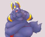  2017 ambiguous_gender anthro anubis belly belly_overhang big_belly claws clothing cute_fangs deity digital_media_(artwork) fur grey_background hand_heart hi_res kemono loincloth looking_at_viewer mammal navel obese open_mouth oppai_heart overweight overweight_ambiguous pinup pose simple_background smile solo ガブ 