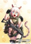  :d ahoge animal_ears artist_name assault_rifle backpack bag bandaid bandaid_on_face bandana bangs belt bikini black_bikini black_gloves blue_eyes breasts cat cat_ears cat_tail combat_knife commentary copyright_name cowboy_shot eotech eyebrows_visible_through_hair fang gloves gradient gradient_background gradient_hair gun knife kws looking_at_viewer military multicolored_hair open_mouth original paw_pose paw_print rifle short_hair sig_552 sig_sauer silver_hair small_breasts smile solo sparkle standing swimsuit tactical_clothes tail thigh_strap utility_belt weapon yellow_background 