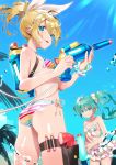  aqua_eyes aqua_hair ass back bikini bikini_skirt blonde_hair blue_eyes blue_sky breasts cloud collarbone cowboy_shot day earrings frilled_bikini frills gun hatsune_miku highres hips holding holding_gun holding_weapon jewelry kagamine_rin light_rays long_hair looking_at_viewer looking_back multiple_girls outdoors palm_tree polka_dot polka_dot_bikini ponytail project_diva_(series) sawashi_(ur-sawasi) scrunchie short_hair side-tie_bikini skindentation sky small_breasts smile spaghetti_strap standing striped striped_bikini summer_idol_(vocaloid) sunbeam sunlight super_soaker swimsuit tree twintails updo very_long_hair vocaloid water_drop water_gun weapon white_bikini wrist_scrunchie 