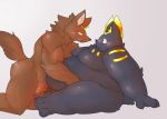  2017 ambiguous_gender anthro anubis arm_support belly big_belly brown_fur canine cuddling deity digital_media_(artwork) duo eye_contact featureless_crotch fur grey_background hi_res kemono leaning leaning_forward male mammal muscular muscular_male nude obese overweight overweight_ambiguous reclining side_view simple_background sweat sweatdrop ガブ 