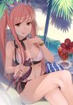  :p absurdres bare_legs bikini bracelet breasts chair cleavage crossed_legs fate/grand_order fate_(series) flower hibiscus highres holding jewelry long_hair looking_at_viewer lounge_chair medb_(fate)_(all) medb_(swimsuit_saber)_(fate) medium_breasts navel pink_hair riding_crop shiro_manjuu_(shiroxie) smile solo swimsuit tiara tongue tongue_out tropical_drink twintails white_bikini yellow_eyes 