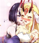  bare_shoulders black_hair blonde_hair blush fate/grand_order fate_(series) highres ibaraki_douji_(fate/grand_order) looking_at_another mach_iota multiple_girls oni_horns open_mouth pixiv_fate/grand_order_contest_2 shuten_douji_(fate/grand_order) sweat yellow_eyes yuri 