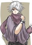  cloak fringe_trim gloves hair_over_one_eye jewelry looking_at_viewer male_focus octopath_traveler open_mouth poncho scarf short_hair simple_background smile solo therion_(octopath_traveler) yukara-msma 