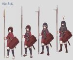  armor black_hair chinese_armor fangdan_runiu glaive grey_background helmet holding holding_weapon long_sleeves original plume polearm red_eyes sandals sash scabbard sheath shield shoes short_hair simple_background spear standing sword weapon white_legwear 