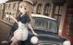  blonde_hair blue_eyes blue_sailor_collar building car cup dress driftkingtw dutch_angle flag gloves ground_vehicle hat highres jervis_(kantai_collection) kantai_collection long_hair looking_at_viewer mini_cooper motor_vehicle right-hand_drive road sailor_collar sailor_dress sailor_hat short_sleeves solo street teacup union_jack white_dress white_gloves white_hat 