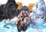  black_legwear black_panties blue_hair commentary_request dizzy furai guilty_gear guilty_gear_xrd hair_ornament hood long_hair necro_(guilty_gear) panties red_eyes ribbon sitting thighhighs twintails underwear undine_(guilty_gear) yellow_ribbon 