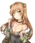  absurdres ahoge bangs bare_shoulders black_dress blush bow breasts brown_hair choker cleavage coat collarbone commentary double_bun dress dress_tug eyebrows_visible_through_hair fur-trimmed_coat fur_trim girls_frontline green_eyes hair_bow head_tilt highres long_hair looking_at_viewer medium_breasts no_bra off_shoulder open_clothes open_coat rfb_(girls_frontline) sidelocks simple_background smile solo sunhyun upper_body white_background 