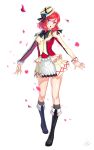  :o artist_name bangs black_footwear black_legwear black_neckwear blurry boots bow bowtie commentary hat hat_bow highres jacket knee_boots kws long_sleeves looking_at_viewer love_live! love_live!_school_idol_project nishikino_maki outstretched_arms parted_lips petals pleated_skirt purple_eyes red_hair short_hair signature simple_background skirt socks solo sore_wa_bokutachi_no_kiseki spread_arms standing standing_on_one_leg white_background white_hat white_jacket white_skirt 