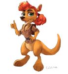  2018 anthro bottomless breasts catsflying clothed clothing didgitgrade eyelashes female grass green_eyes hair inviting kangaroo looking_at_viewer mammal marsupial mushroom nipples one_eye_closed pouch red_hair sheila_(spyro) signature simple_background smile solo spyro_the_dragon thumbs_up video_games white_background 