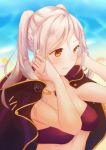  aftergardens bikini_top commentary english_commentary female_my_unit_(fire_emblem:_kakusei) fire_emblem fire_emblem:_kakusei hands_in_hair jewelry my_unit_(fire_emblem:_kakusei) necklace parted_lips solo twintails wet wet_hair white_hair yellow_eyes 