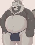  2018 anthro belly big_thighs brown_fur canine clothing fundoshi fur hair_tie japanese_clothing male mammal moobs muscular muscular_male nanntaro navel overweight overweight_male ponytail simple_background solo tanuki underwear 