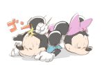  1girl animal_ears blue_shirt bow closed_eyes commentary_request disney dress gloves green_kj_momo hitting lying mickey_mouse minnie_mouse on_stomach pink_dress shirt 