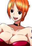  1girl bare_shoulders breasts brown_eyes cleavage cleavage_cut cleavage_cutout dress huge_breasts large_breasts long_hair looking_at_viewer nami_(one_piece) one_piece open_mouth orange_hair red_dress smile solo tattoo 