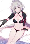  ahoge bikini black_bikini black_gloves collarbone commentary_request eyebrows_visible_through_hair eyes_visible_through_hair fate/grand_order fate_(series) gloves grey_hair head_tilt highres jeanne_d'arc_(alter_swimsuit_berserker) jeanne_d'arc_(fate)_(all) long_hair looking_at_viewer navel o-ring o-ring_bikini o-ring_top outstretched_arm pochi_(pochi-goya) shrug_(clothing) sitting solo swimsuit v-shaped_eyebrows very_long_hair yellow_eyes 