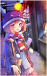  artist_name bag blush commentary doki_doki_literature_club drawstring english_commentary eyebrows_visible_through_hair fang hair_ornament hairclip hat natsuki_(doki_doki_literature_club) open_mouth outdoors outstretched_arm pink_eyes pink_hair pom_pom_(clothes) scarf short_hair snow solo striped striped_scarf takuyarawr winter_clothes 