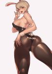  1girl animal_ears ass battle_bunny_riven breasts bunny_ears bunnysuit hand_gesture hand_on_ass large_breasts league_of_legends leotard looking_at_viewer looking_back riven_(league_of_legends) short_hair sideboob silver_hair solo strapless tongue 