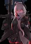  assault_rifle bandages blood girls_frontline gloves glowing glowing_eyes grin gun highres long_hair looking_at_viewer m4_carbine m4_sopmod_ii m4_sopmod_ii_(girls_frontline) military miniskirt pink_hair pleated_skirt red_eyes rifle shino_(r_shughart) skirt smile solo sopmod teeth thighhighs weapon 