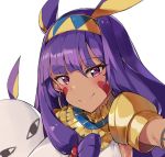  animal_ears bangs blunt_bangs blush closed_mouth commentary earrings eyebrows_visible_through_hair facial_mark fate/grand_order fate_(series) hair_between_eyes headband hoop_earrings jackal_ears jewelry long_hair looking_at_viewer medjed nitocris_(fate/grand_order) purple_eyes purple_hair reaching_out self_shot shoulder_pads simple_background smile solo symbol_commentary tuxedo_de_cat white_background 