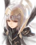  armor cape crown fire_emblem fire_emblem_heroes grey_hair hair_ornament jewelry long_hair looking_at_viewer red_eyes simple_background solo tugo veronica_(fire_emblem) 