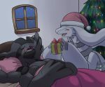  ambiguous_gender bed black_skin christmas christmas_tree claws digital_media_(artwork) eyes_closed fangs fur gift hat holidays inside legendary_pok&eacute;mon nintendo on_bed on_ice_(artist) open_mouth pok&eacute;mon pok&eacute;mon_(species) reshiram santa_hat sharp_teeth smile teeth tongue tree under_covers video_games white_fur window wings zekrom 