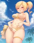  alternate_hairstyle asymmetrical_clothes bar_censor bikini blonde_hair blue_sky blush breastless_clothes breasts censored cloud commentary_request crotchless_swimsuit day eyebrows_visible_through_hair hands_on_stomach jewelry large_breasts magia_record:_mahou_shoujo_madoka_magica_gaiden mahou_shoujo_madoka_magica navel nipples palm_tree po_ni ponytail pussy pussy_juice ring short_hair sky solo standing swimsuit tears thigh_strap thighs tomoe_mami tree vibrator_cord yellow_eyes 