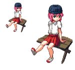  1girl bench elfen_lied hat horns lucy monster_girl pink_hair pixel_art ribbon simple_background sitting 