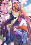  artist_name bandaged_arm bandages blurry blurry_background cherry_blossoms commentary cup day doki_doki_literature_club drinking_glass english_commentary eyebrows_visible_through_hair floral_print flower fox_mask hair_between_eyes hair_flower hair_ornament hairclip hanami holding holding_cup japanese_clothes kimono long_hair looking_at_viewer mask mask_on_head off_shoulder outdoors parted_lips petals purple_eyes purple_hair smile solo takuyarawr wide_sleeves yuri_(doki_doki_literature_club) 