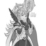  armor cape character_name commentary crown feather_trim fire_emblem fire_emblem_heroes gloves greyscale hair_ornament holding holding_staff krazehkai long_hair long_sleeves monochrome parted_lips shoulder_armor simple_background solo staff veronica_(fire_emblem) white_background wide_sleeves 