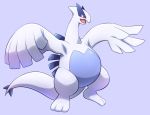  3_toes ambiguous_gender blue_skin digital_media_(artwork) fangs legendary_pok&eacute;mon lugia nintendo on_ice_(artist) open_mouth pok&eacute;mon pok&eacute;mon_(species) red_eyes simple_background solo standing toes tongue video_games white_skin wings 