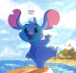  2018 alien back_markings bambykim beach blue_claws blue_eyes blue_fur blue_nose claws cute digital_media_(artwork) disney experiment_(species) fur head_tuft lilo_and_stitch looking_at_viewer looking_back markings notched_ear open_mouth open_smile palm_tree raised_leg sea seaside sky small_tail smile solo stitch surfboard surfing teeth tree tuft water 
