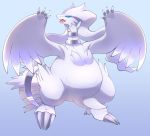  ambiguous_gender blue_eyes blue_sclera claws digital_media_(artwork) dragon fangs fur legendary_pok&eacute;mon nintendo on_ice_(artist) open_mouth pok&eacute;mon pok&eacute;mon_(species) reshiram simple_background slightly_chubby solo standing teeth tongue video_games white_fur wings 