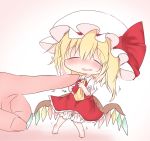  1girl :d ascot bangs barefoot blonde_hair blush bow breasts chibi closed_eyes collared_shirt commentary_request crystal eyebrows_visible_through_hair flandre_scarlet frilled_hat frilled_skirt frills hands_up hat hat_bow highres knees_together_feet_apart legs_apart long_hair medium_skirt mob_cap motion_lines nose_blush open_mouth out_of_frame pigeon-toed puffy_short_sleeves puffy_sleeves raised_eyebrows red_bow red_skirt shirt short_sleeves shoupon side_ponytail simple_background size_difference sketch_eyebrows skirt skirt_set small_breasts smile solo_focus standing touhou translation_request wavy_mouth white_background white_hat wing_collar wings yellow_neckwear |d 