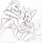  anthro blush canine dinosaur domination duo female female_domination fennec foot_grab fox hi_res hypnosis kneeling male mammal mind_control monochrome pendulum reptile scalie sitting sketch sue-chan_(artist) traditional_media_(artwork) 