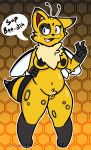  2018 antennae anthro areola arthropod bee blush breasts chest_tuft digital_drawing_(artwork) digital_media_(artwork) feline female front_view full-length_portrait fur hybrid insect mammal nipples nude open_mouth portrait pussy simple_background solo standing sushirolldragon text thick_thighs tongue tuft v_sign whiskers wings 