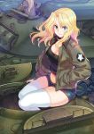  black_shirt blonde_hair blue_eyes blue_shorts bomber_jacket breasts brown_jacket cleavage commentary_request denim denim_shorts girls_und_panzer ground_vehicle hair_intakes jacket kay_(girls_und_panzer) kws large_breasts long_hair m4_sherman midriff military military_uniform military_vehicle motor_vehicle multiple_girls navel open_clothes open_jacket saunders_military_uniform shirt short_shorts shorts sitting star tank thighhighs uniform white_legwear 