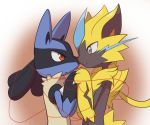  2018 ambiguous/ambiguous ambiguous_gender anthro blue_eyes blush duo enon fur lucario nintendo pok&eacute;mon pok&eacute;mon_(species) red_eyes video_games whiskers zeraora 