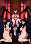  1boy 3girls areolae awesomegio black_hair blue_eyes breasts brown_eyes brown_hair demon_girl harem high_school_dxd himejima_akeno huge_penis hyoudou_issei kuroka_(high_school_dxd) large_breasts long_hair multiple_girls nipples penis purple_eyes purple_hair pussy red_hair rias_gremory short_hair wings 