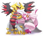  ambiguous_gender black_sclera claws digital_media_(artwork) duo fangs giratina grey_skin horn legendary_pok&eacute;mon nintendo on_ice_(artist) open_mouth palkia pink_skin pok&eacute;mon pok&eacute;mon_(species) red_eyes simple_background slightly_chubby sweat tongue video_games white_background wings 