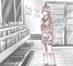  1girl ahoge arm_behind_back bangs bike_shorts blush book bottle breasts collarbone female halcyon_(halcyon90) hood hoodie indoors long_sleeves looking_at_viewer medium_breasts monochrome open_mouth original refrigerator shoes short_hair smile socks solo spot_color standing sweater window 