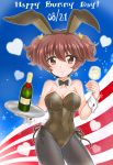  alisa_(girls_und_panzer) american_flag animal_ears bangs black_legwear black_neckwear bottle bow bowtie breasts brown_eyes brown_hair brown_leotard bunny_ears bunny_girl bunny_tail bunnysuit burafu cleavage closed_mouth commentary_request covered_navel cowboy_shot cup dated drinking_glass english eyebrows_visible_through_hair fake_animal_ears fake_tail flag_background freckles girls_und_panzer hair_ornament heart holding leotard looking_at_viewer medium_breasts pantyhose short_hair short_twintails side-tie_leotard smile solo sparkle standing star star_hair_ornament strapless strapless_leotard tail tray twintails white_collar wine_bottle wine_glass wing_collar wrist_cuffs 