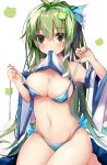  antenna_hair bangs bare_shoulders bikini blue_bikini blue_ribbon blush breasts commentary_request detached_sleeves efe eyebrows_visible_through_hair frog_hair_ornament green_eyes green_hair groin hair_between_eyes hair_ornament hair_ribbon hands highres kochiya_sanae lifted_by_self long_hair long_sleeves looking_at_viewer medium_breasts mouth_hold navel ribbon seiza shirt shirt_lift side-tie_bikini simple_background sitting snake_hair_ornament solo stomach strap_pull sweat swimsuit thighs touhou very_long_hair white_background white_shirt wide_sleeves 